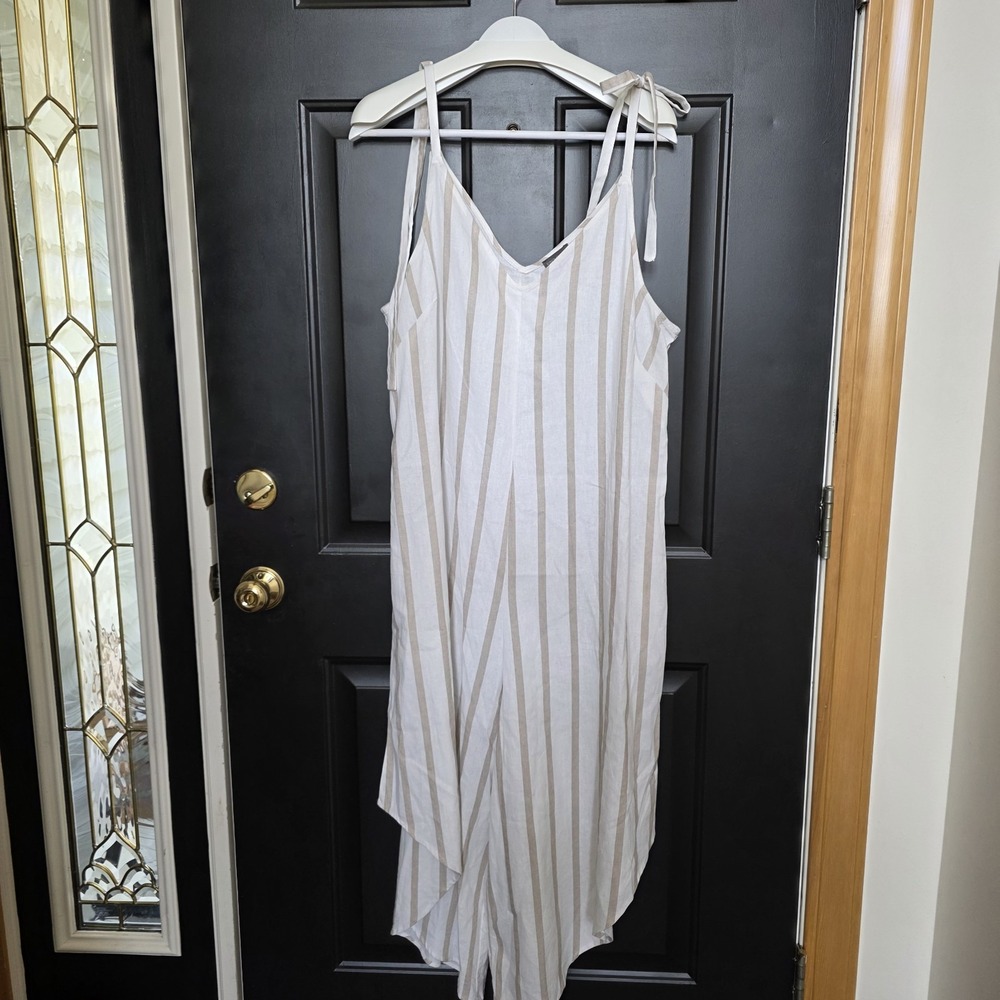 Vince Camuto Wmn Tie Strap Striped Jumpsuit Romper Large Linen White & Taupe